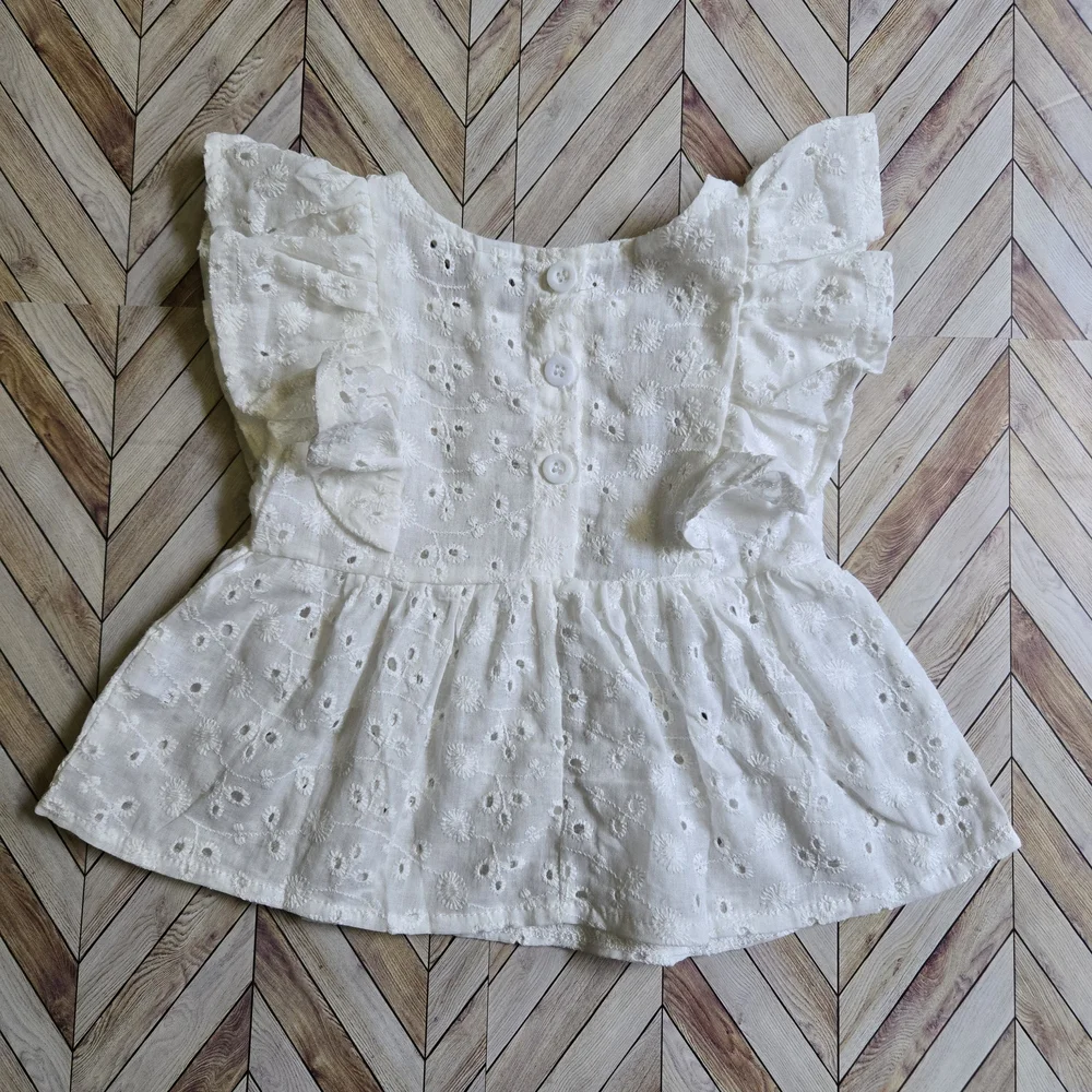 ​Toddler Girl Peach Print Bloomer Set Ruffle Eyelet Tunic Top & Summer Shorts 3T
